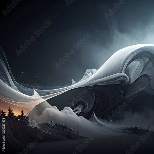 Surreal misty landscape with flowing fabric.
