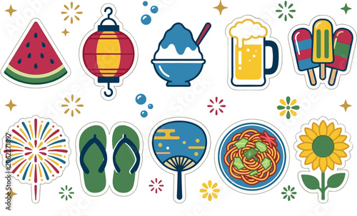 Japanese Summer Festival Sticker Collection with Watermelon Lantern Shaved Ice Beer Fireworks Flip Flops Hand Fan Noodle and Sunflower Vector