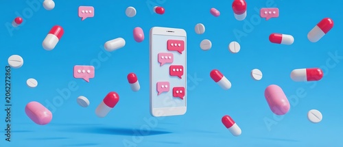 Smartphone with floating medication and messages.