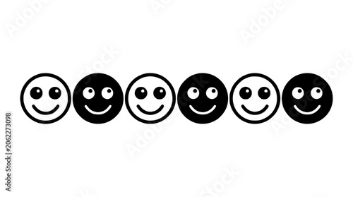 Set of Minimalist Smiley Faces in Black and White Vector Icons, Clean Circular Designs with Varied Expressions