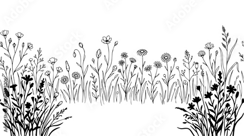 Elegant Black-and-White Floral Line Art Border with Detailed Meadow Flowers and Leaves, Refined Vector Botanical Illustration
