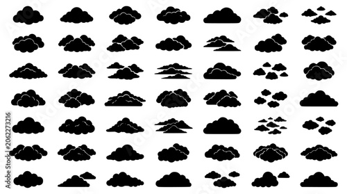Vector Silhouette Set of Weather Clouds and Mountain-Like Cloud Formations, Including Sunlit Peaks and Rainy Cloud Icons