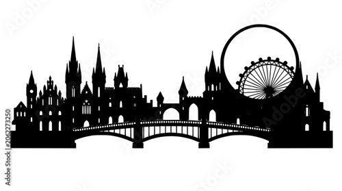 Whimsical Flat Black Silhouette of a Historic Riverside City Skyline with Arches, Towers, and a Large Full Moon