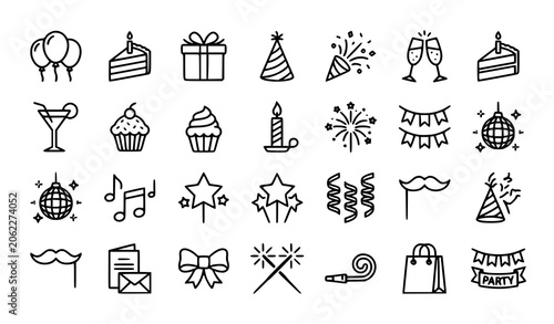 Party Celebration Line Icon Set with Balloons Cake Gifts and Festive Symbols