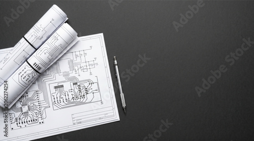 Photos Professional electrical engineering blueprints and circuit board schematics laid on a dark black background with a mechanical pencil