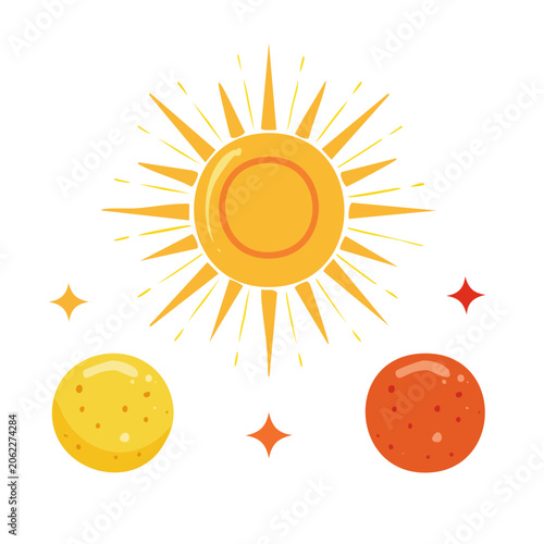 Flat design sun with fruit icons