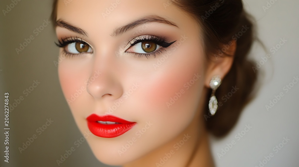 Fototapeta premium Beautiful woman portrait featuring professional makeup with vibrant red lipstick and sharp winged eyeliner in a clean soft focus style