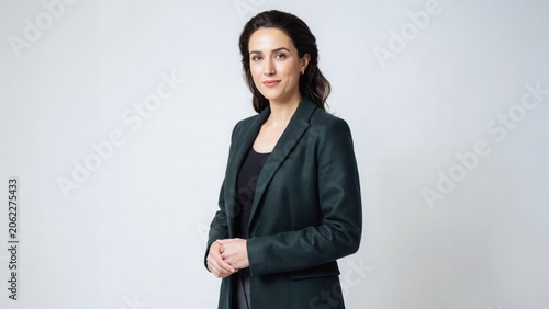 Professional young woman in smart blazer looking at camera with friendly expression against background.