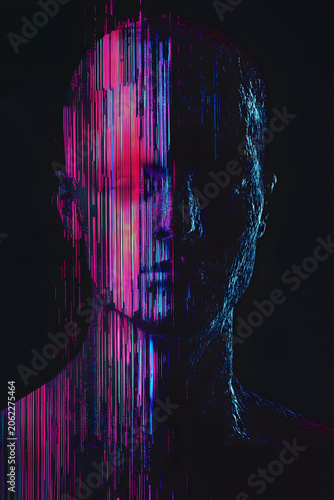 Faceless Human Portrait with RGB Chromatic Glitch Effect and Pink Blue Pixel Streaks on Dark Background