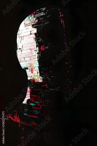 Faceless Human Head Side Profile with Full Body RGB Data Glitch Corruption on Deep Black Background