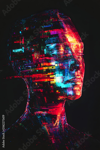 Human Portrait with Orange Blue Red Horizontal Glitch Pixel Streaks Covering Face with eye closed