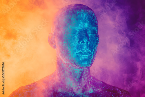 Thermal Imaging View of Anonymous Human Face with Blue and Orange Heat Map Colors, Split Temperature Concept with eye closed feeling air