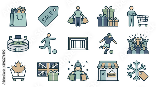 Colorful icons depicting shopping, sports, and seasons