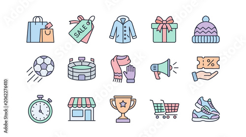 Colorful icons depicting shopping, sports, and leisure activities