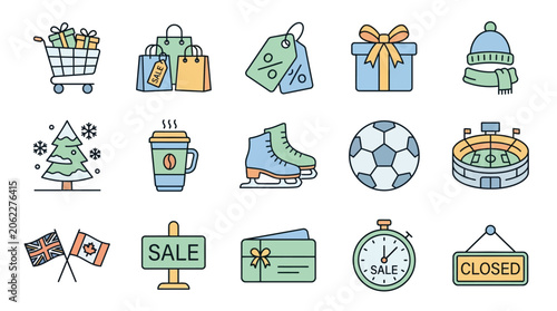 Colorful icons depicting shopping, winter sports, and holidays