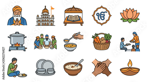 Colorful icons depicting Sikh culture and community service