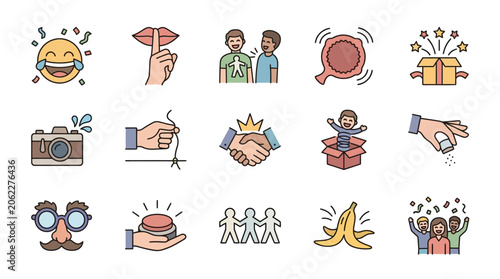 Colorful icons depicting social interactions and fun activities