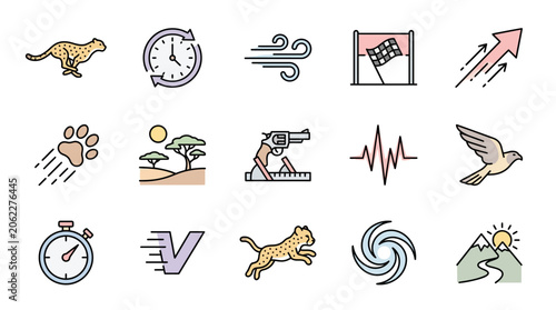 Colorful icons depicting speed, nature, and motion