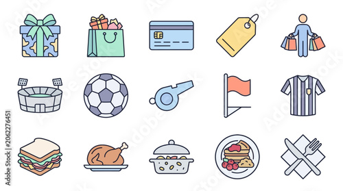 Colorful icons depicting shopping, sports, and food items