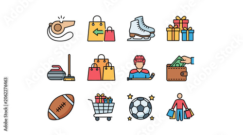 Colorful icons depicting sports, shopping, and gifts