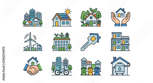 Colorful icons depicting sustainable housing and urban life