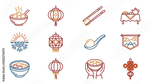 Colorful icons depicting traditional Asian cuisine and culture