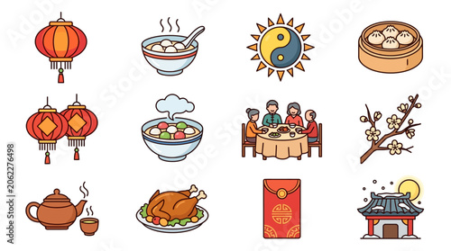 Colorful icons depicting traditional Asian cuisine and culture