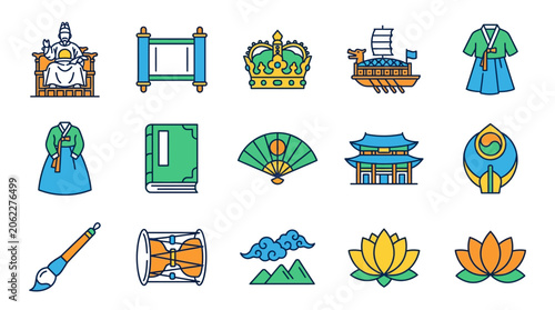 Colorful icons depicting traditional Asian culture elements