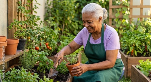 Happy elderly Latin American woman tending to plants in home garden, active senior lifestyle and nature