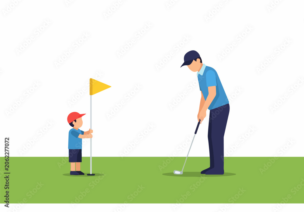 Fototapeta premium Father Teaching Son Golf Swing On Sunny Course