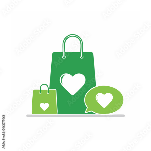 Green shopping bags and speech bubble with heart icons