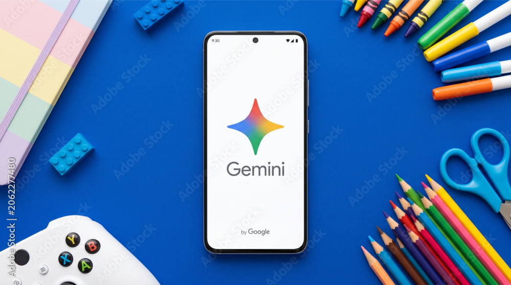 Naklejka premium Google Gemini AI app on smartphone screen in a creative flat lay with school supplies, colored pencils, crayons, scissors, and a game controller on a vibrant blue background. Artificial intelligence.