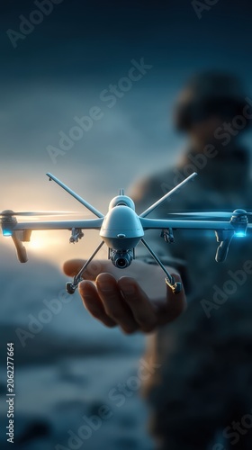 A military operator holds a reconnaissance drone at sunset, its propellers glowing with blue light. ..Created with Generative AI, not depicting real subjects.