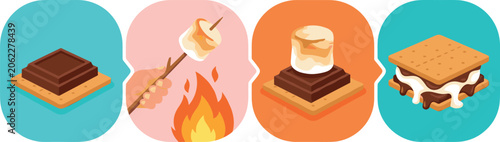 Tableau sur toile Smores Recipe Step by Step Infographic Icon Set with Roasted Marshmallow on Stic