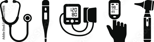 Schilderij op canvas Set of medical diagnostic equipment icons including stethoscope, thermometer, bl
