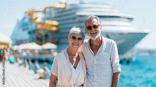 Porträt eines glücklichen deutschen Seniorenpaares, das einen Traumurlaub im Ruhestand genießt. Lächelnder älterer Mann und Frau stehen auf einem sonnigen Pier mit einem riesigen Luxus-Kreuzfahrtschif