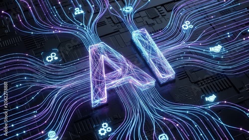 “AI” text with flowing data streams on dark black background, representing agentic AI, business automation workflows, digital transformation innovation concept, 4K video