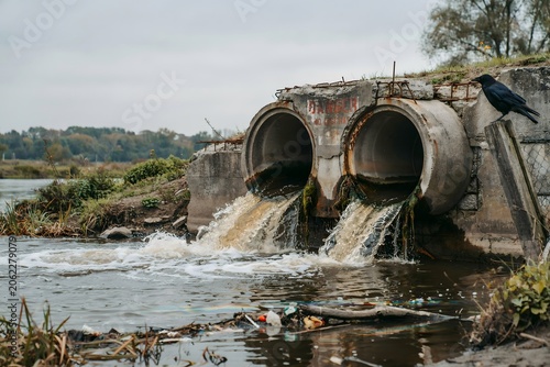 River pollution caused by wastewater flowing from concrete drainage pipe with crow