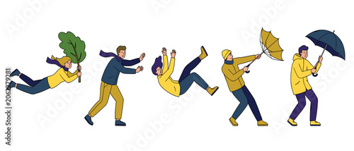 People struggling in windy storm weather vector set. Umbrella, raincoat, falling, flying, blowing, gale, hurricane, danger and accident.