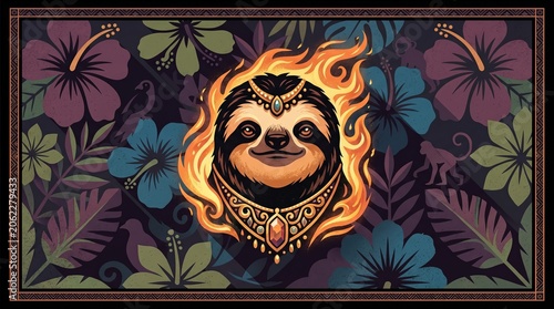 Sloth Head Illustration with Floral Background and Flames