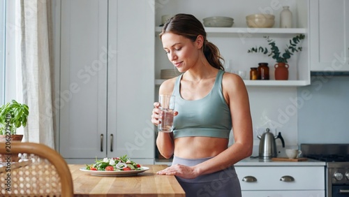 Healthy woman holding glass of water with fresh salad for breakfast in bright modern kitchen.