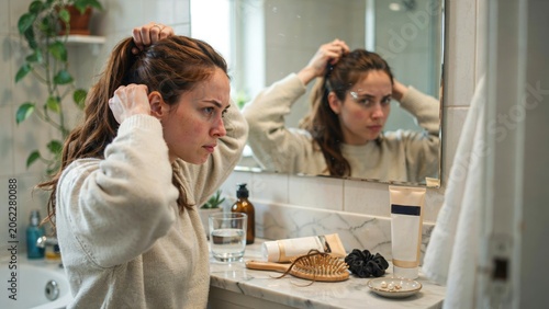 Woman brushing long auburn hair in bathroom vanity mirror doing her hair preparing for day.