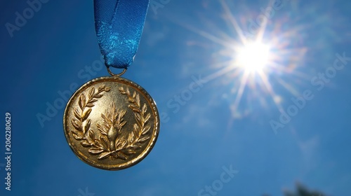 Gold winner medal hanging against blue sky with bright sunlight and achievement concept
