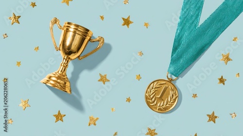 Gold trophy cup and winner medal on blue background with star confetti celebration concept
