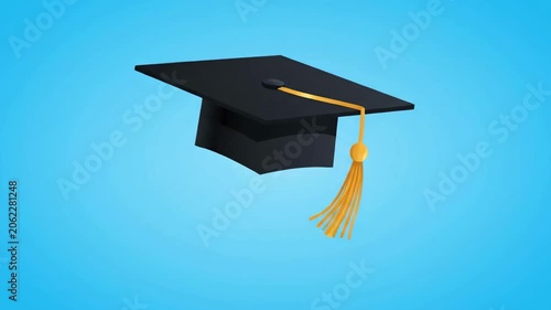 Black graduation cap with gold tassel on blue background