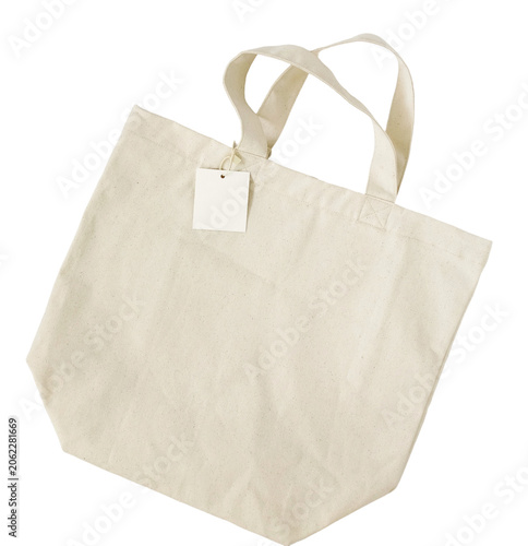 Cotton tote bag with empty label blank mockup png cutout object on transparent background. Space for text. Canvas eco shopper mock up. 