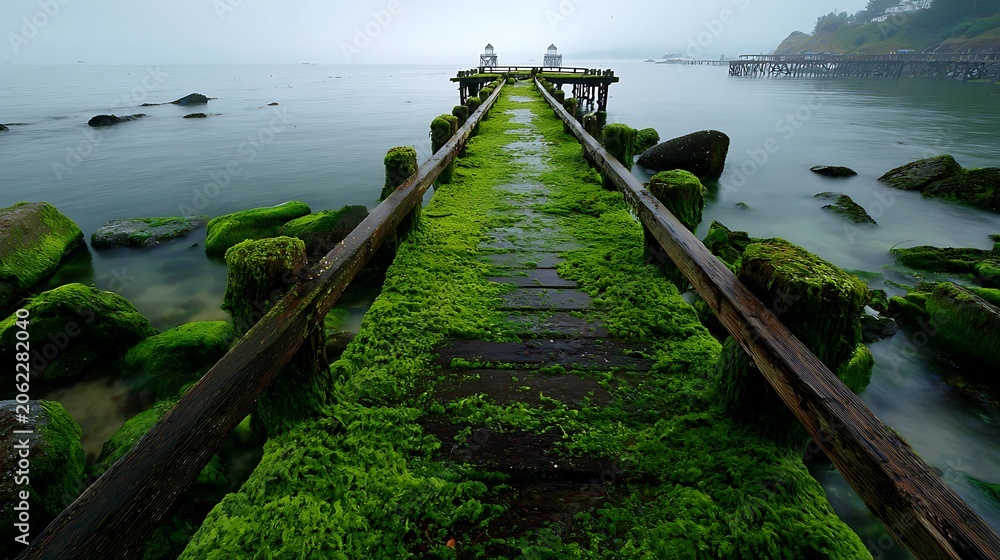Fototapeta premium Old Abandoned Mossy Pier Over Calm Sea in Foggy Morning.