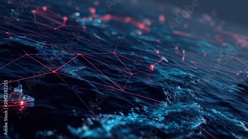 Digital network connection over a dark ocean with ships and red glowing nodes, illustrating global connectivity and technology. ..Created with Generative AI, not depicting real subjects.