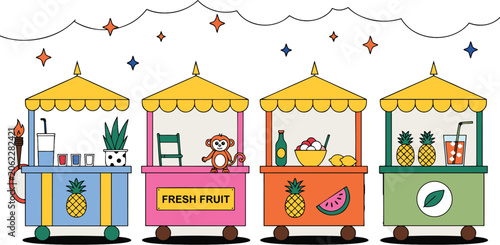 Colorful Cartoon Illustration of Fresh Fruit Beverage Carts