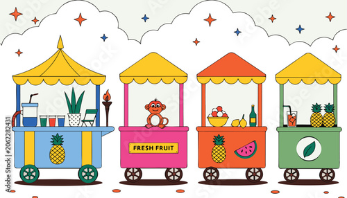 Colorful Cartoon Illustration of Four Beverage Carts